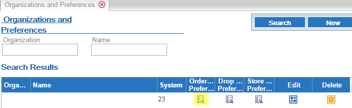 This figure shows the Organizations and Preferences screen where you can select the Order Orchestration Preferences icon to advance to the Preferences screen.