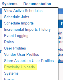 This figure shows the Home screen where you can select Proximity Uploads.