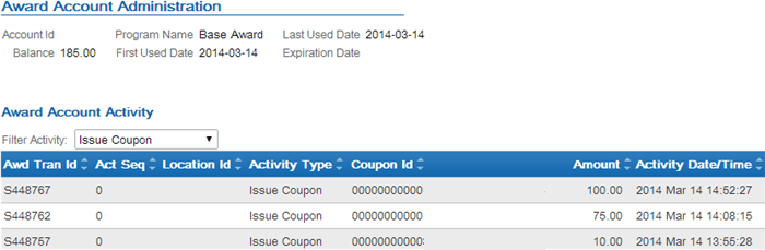 The figure shows a Customer Engagement Loyalty Card screen. The figure shows a Customer Engagement Loyalty Card screen.