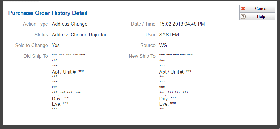 Illustrates the Purchase Order History Detail window with the old and new ship-to information replaced by asterisks. Illustrates the Purchase Order History Detail window with the old and new ship-to information replaced by asterisks.