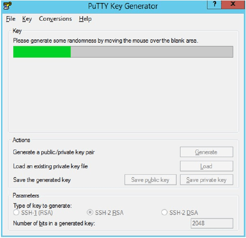 Illustrates the progress of generating the key in the PuTTY Key Generator window. Illustrates the progress of generating the key in the PuTTY Key Generator window.