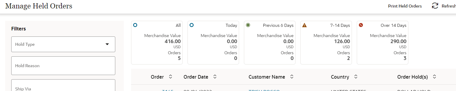 illustrates Manage Held Orders page
