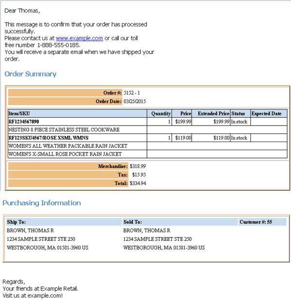 This shows a copy of the Order Confirmation Email. This shows a copy of the Order Confirmation Email.
