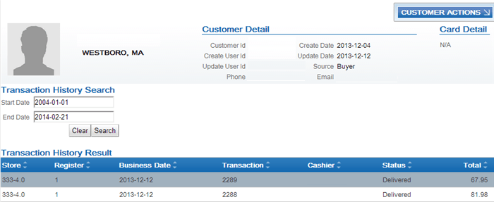 Transaction History Customer Detail window Transaction History Customer Detail window