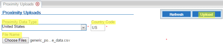 This figure shows the Proximity Uploads screen where you can define proximity data uploads. This figure shows the Proximity Uploads screen where you can define proximity data uploads.