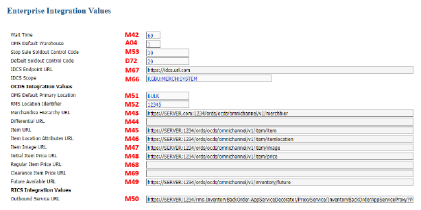 The system Control Values for Enterprise Integration with Oracle Retail Merchandising Foundation Cloud Service (RMFCS) and Oracle Retail Pricing Cloud Service (RPCS) through Omnichannel Cloud Data Service (OCDS) is shown here. The system Control Values for Enterprise Integration with Oracle Retail Merchandising Foundation Cloud Service (RMFCS) and Oracle Retail Pricing Cloud Service (RPCS) through Omnichannel Cloud Data Service (OCDS) is shown here.