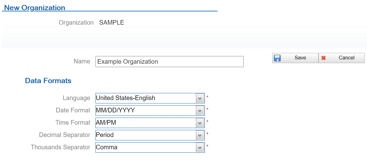 This figure shows the New Organization screen where you can define the formats for reports, forms, and system-generated emails. This figure shows the New Organization screen where you can define the formats for reports, forms, and system-generated emails.