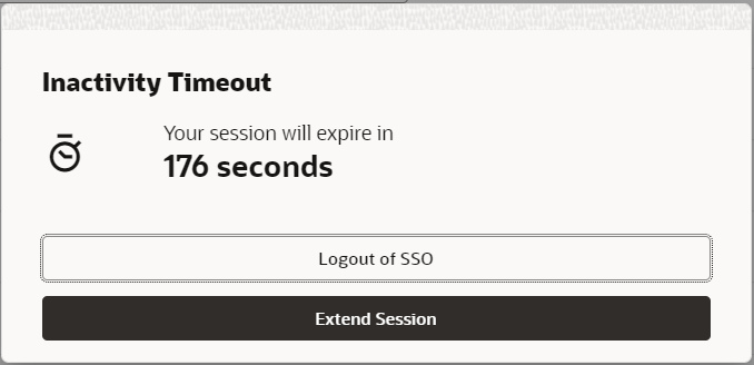 Illustrates the Inactivity Timeout window, indicating when the session will expire and the options to log out or extend.