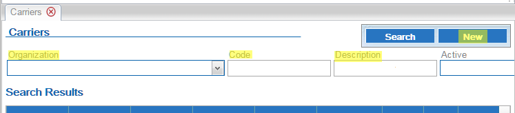 This figure shows the Carriers screen where you can set up carriers.