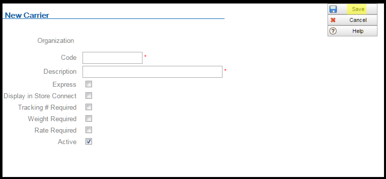 This figure shows the New Carrier screen where you can create a new carrier.