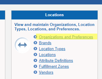 This figure shows the Home screen where you can select Organizations and Preferences.