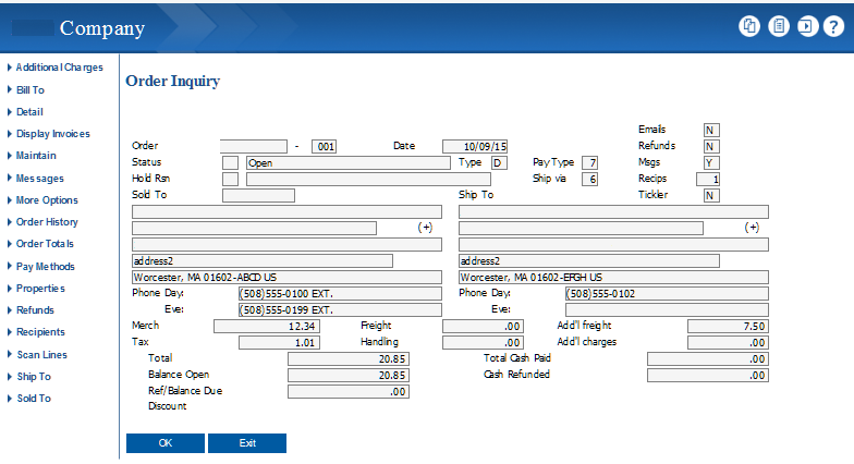 Illustrates the Order Inquiry screen in Order Management System.