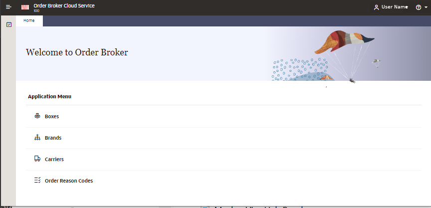 Illustrates the Modern View home screen with the four options (Boxes, Brands, Carriers, Order Reason Codes) available. Illustrates the Modern View home screen with the four options (Boxes, Brands, Carriers, Order Reason Codes) available.