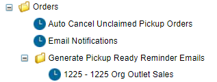 Illustrates the Orders options in the left-hand menu with the Generate Pickup Ready Reminder Emails option opened to show organizations.