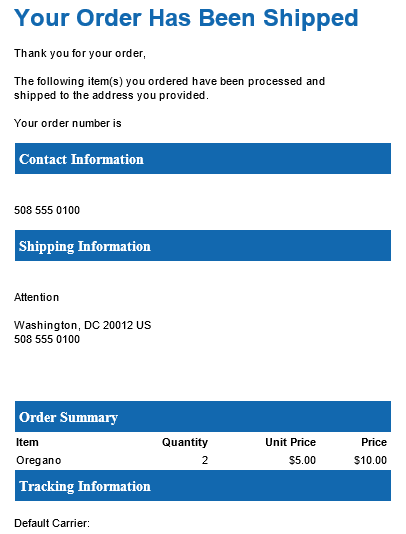 Illustrates the shipment confirmation email to the customer.