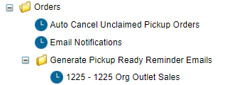 Illustrates the Orders options in the left-hand menu with the Generate Pickup Ready Reminder Emails option opened to show organizations. Illustrates the Orders options in the left-hand menu with the Generate Pickup Ready Reminder Emails option opened to show organizations.