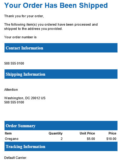 Illustrates the shipment confirmation email to the customer. Illustrates the shipment confirmation email to the customer.