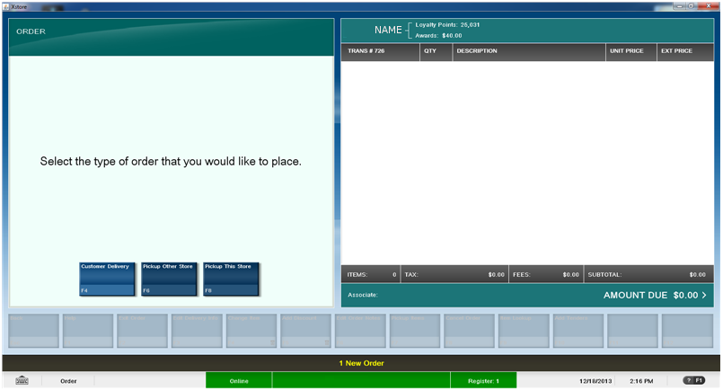 Illustrates a screen in Xstore where you select an order type.