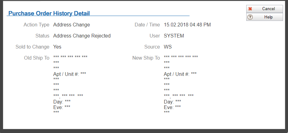 Illustrates the Purchase Order History Detail window with the old and new ship-to information replaced by asterisks.