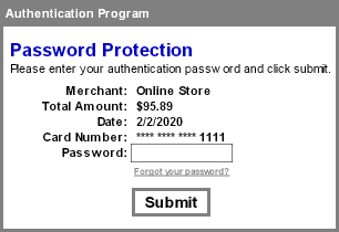 Payment screen on a webstore front where the customer is prompted to enter a card authentication password.