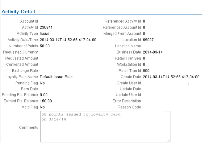 The figure shows a Customer Engagement Loyalty Card screen. The figure shows a Customer Engagement Loyalty Card screen.