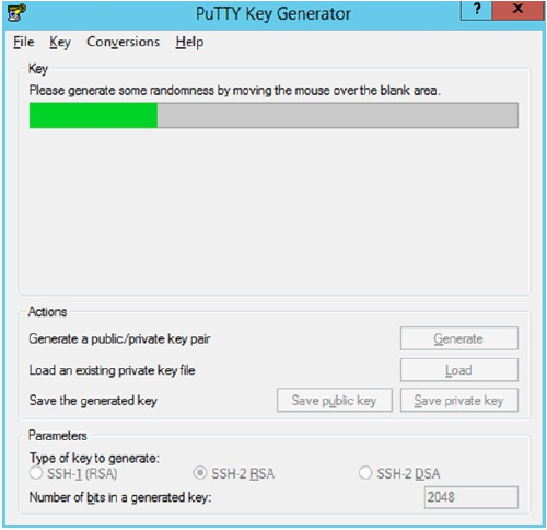 Illustrates the progress of generating the key in the PuTTY Key Generator window.