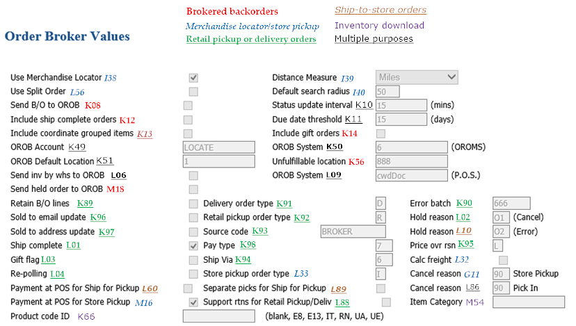 Order Broker values screen Order Broker values screen