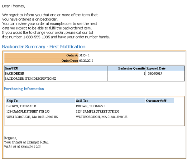 Backorder Notification Email Sample and Contents Backorder Notification Email Sample and Contents
