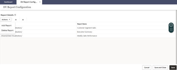 This image shows adding and deleting functionality for dv reports.
