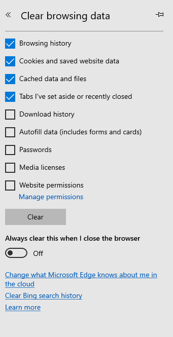 Edge Clear Browsing Data