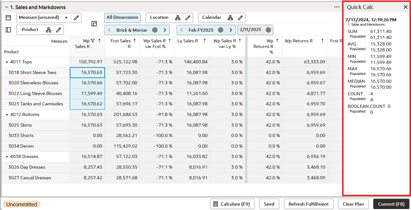 Quick Calc Results Panel Quick Calc Results Panel
