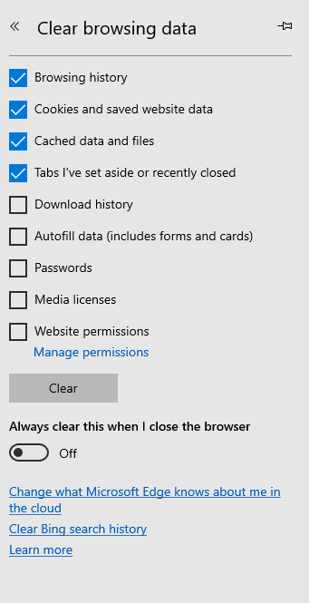 Edge Clear Browsing Data