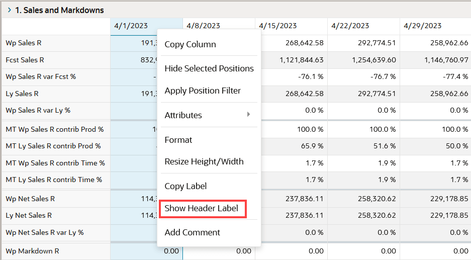 show Header Label menu