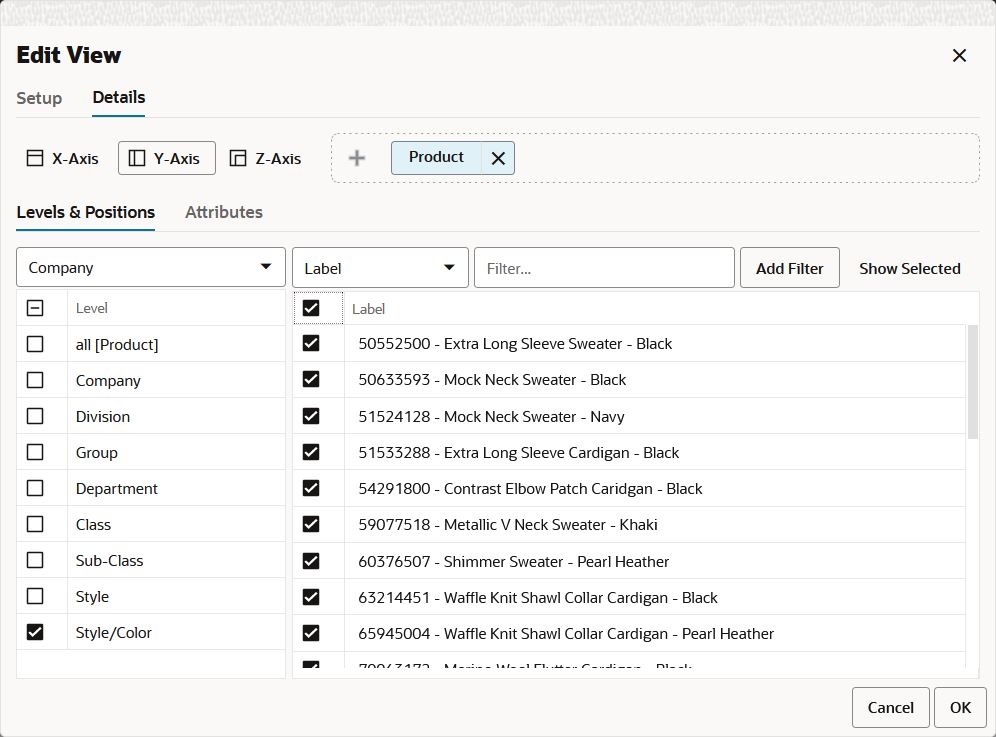 Branch Dimension Levels and Positions