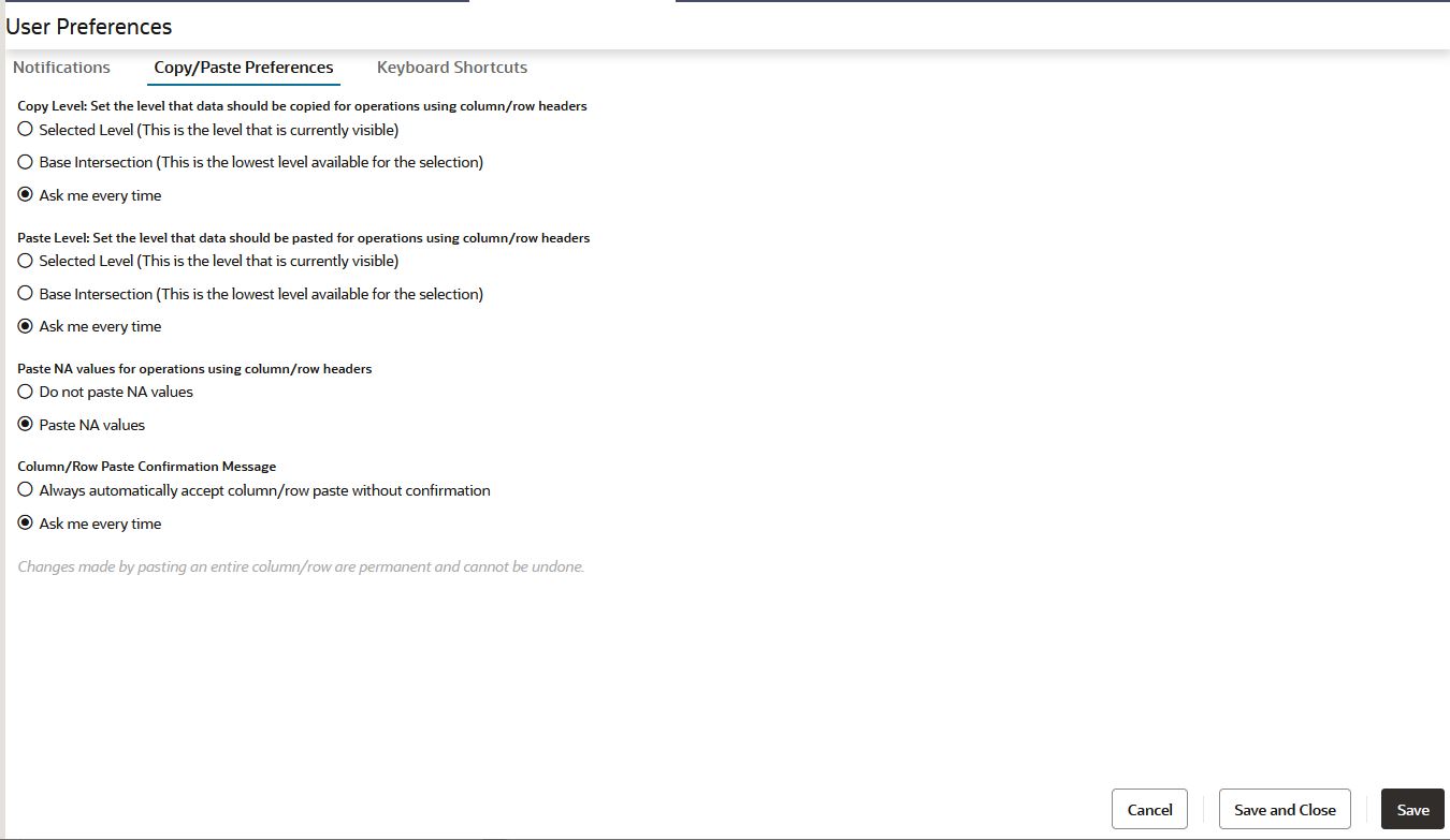 Copy/Paste Preferences Options