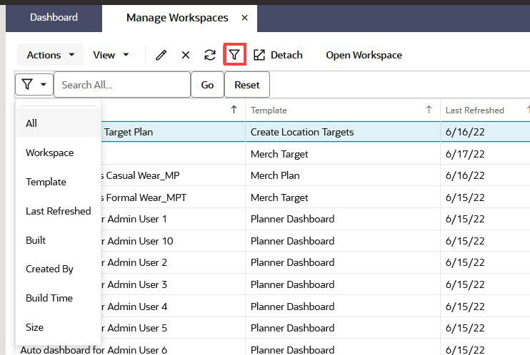 Using Filter on the Manage Workspaces Table