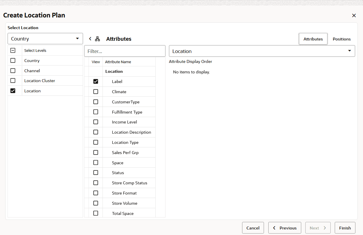 Attributes List for the Selected Level