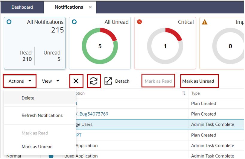 Notifications Tab List of Actions