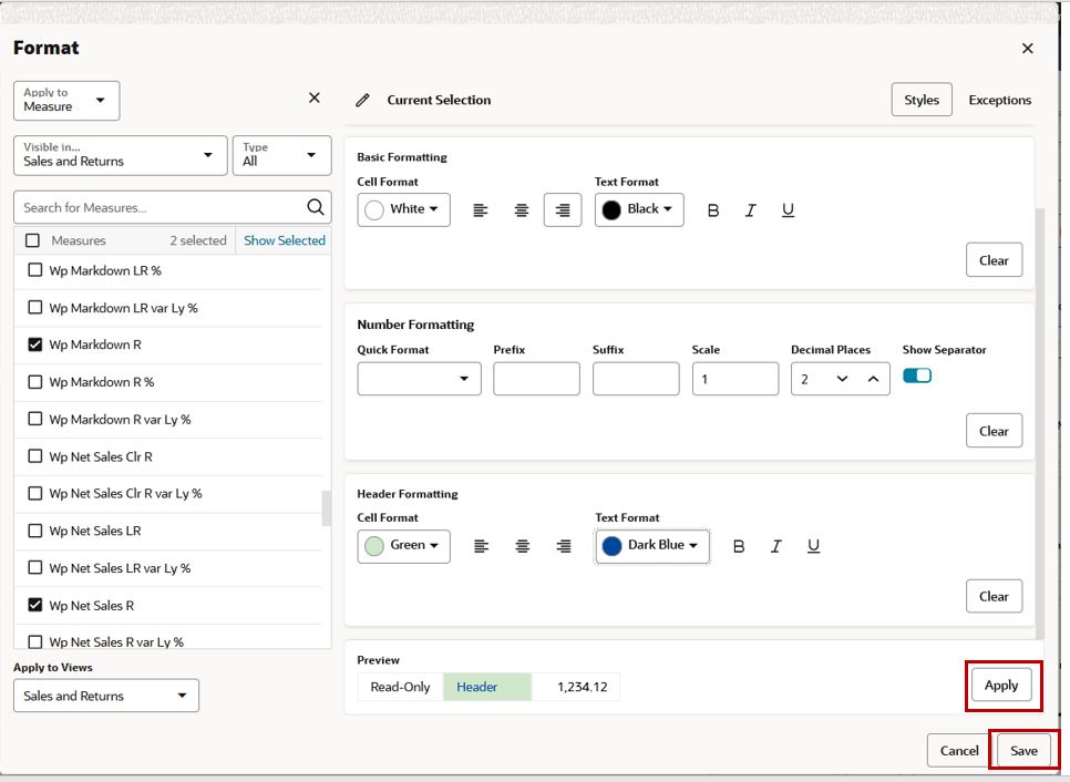Apply or Save in Format Window