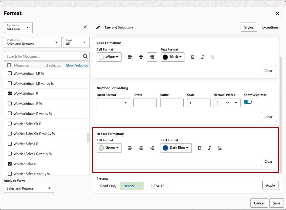 Header Formatting Options