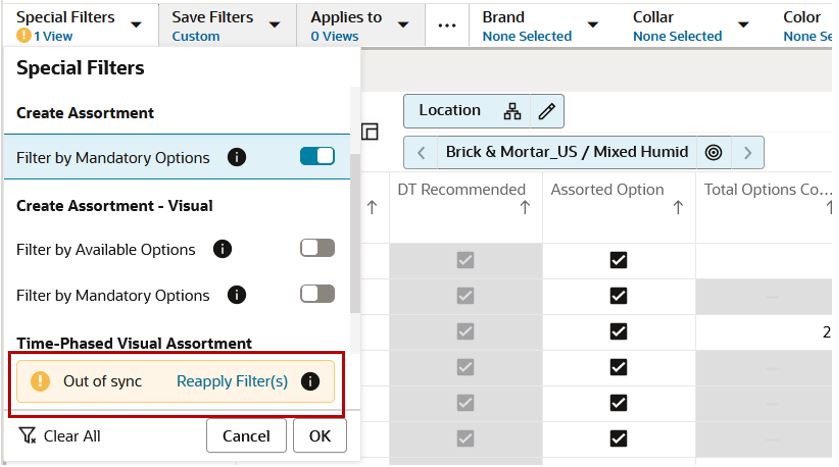 Out of Sync and Reapply Filters Link