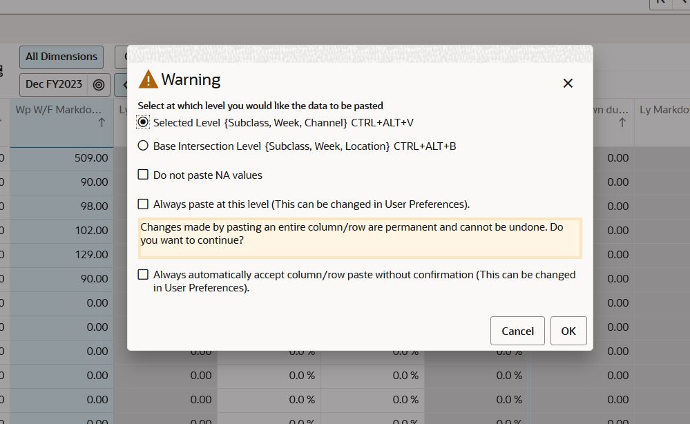 Selecting Data Level to Paste