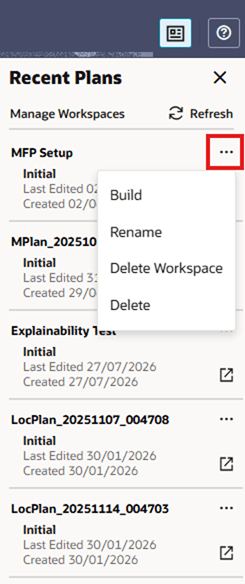 Recent Plans Action Menu