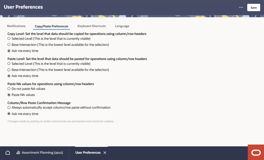 Copy/Paste Preferences Options