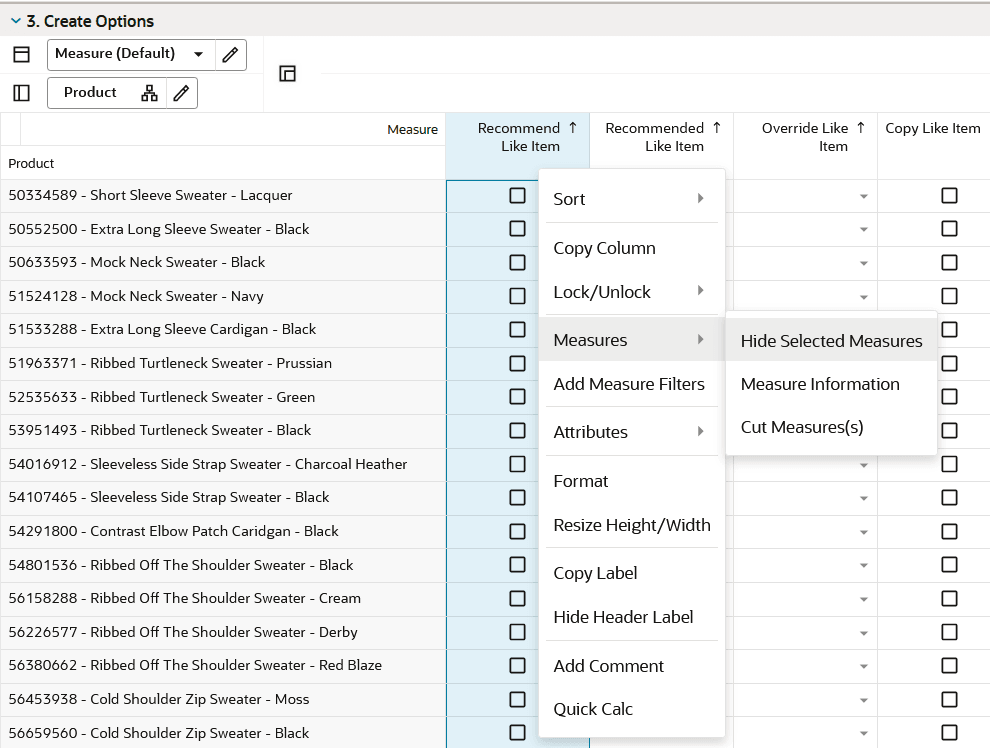 Context Menu Measure Options
