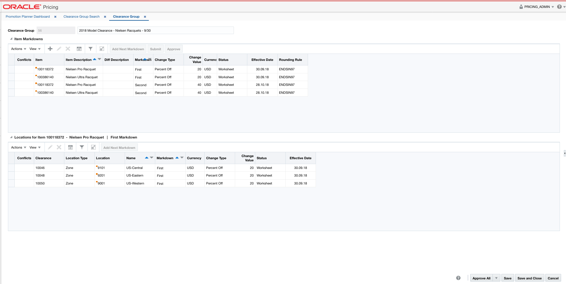 Clearance Group Maintenance tab