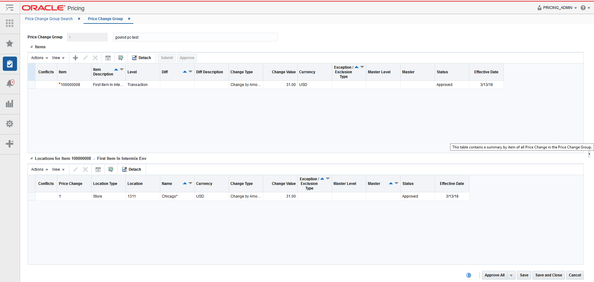 Price Change Group Maintenance tab Price Change Group Maintenance tab
