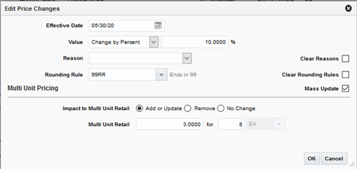 Edit Price Changes Dialog