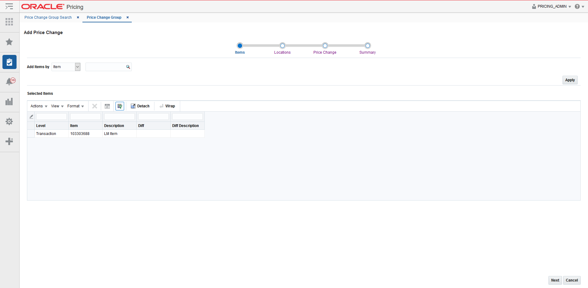 Add Price Change Items page Add Price Change Items page