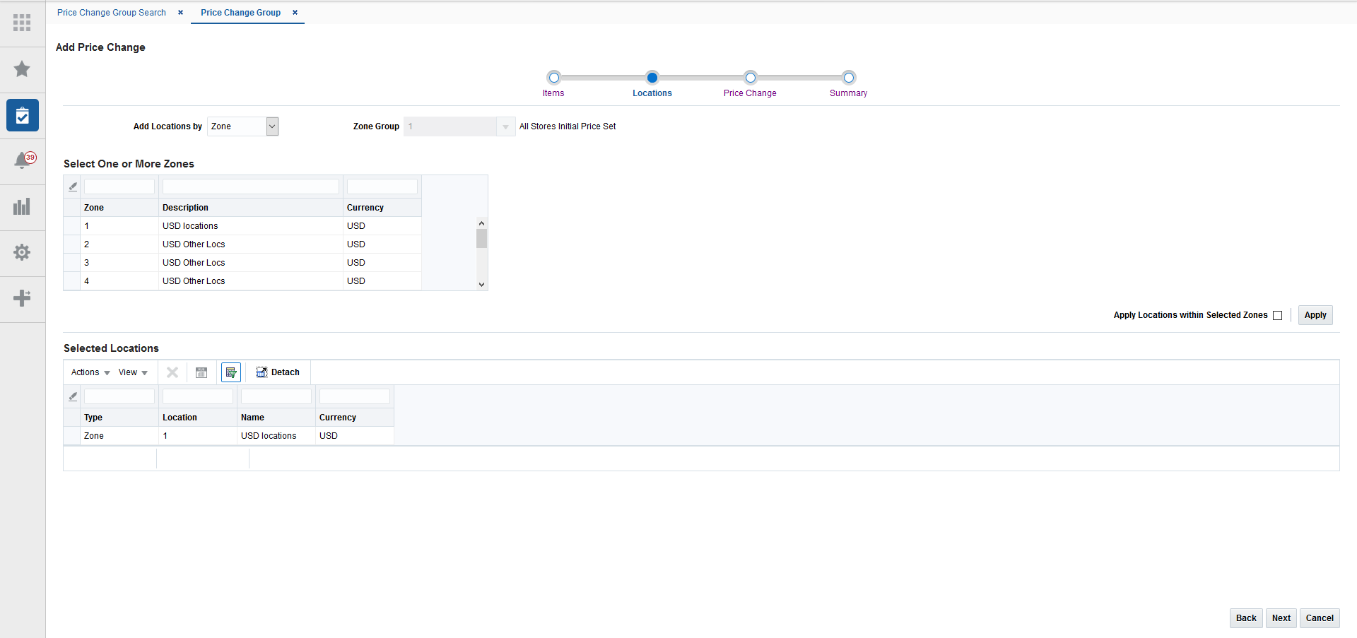 Add Price Change Locations page Add Price Change Locations page